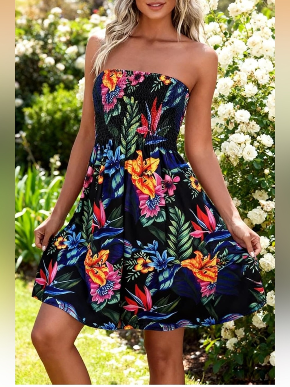 Women’s Tropical Floral Smocked Strapless Bandeau Boho Beach Mini Party Dress XL
